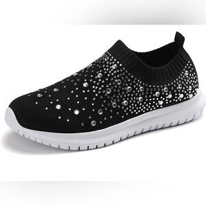 Women's Mesh Walking Shoes Rhinestone Glitter Slip Sock Sneakers size 8 1/2